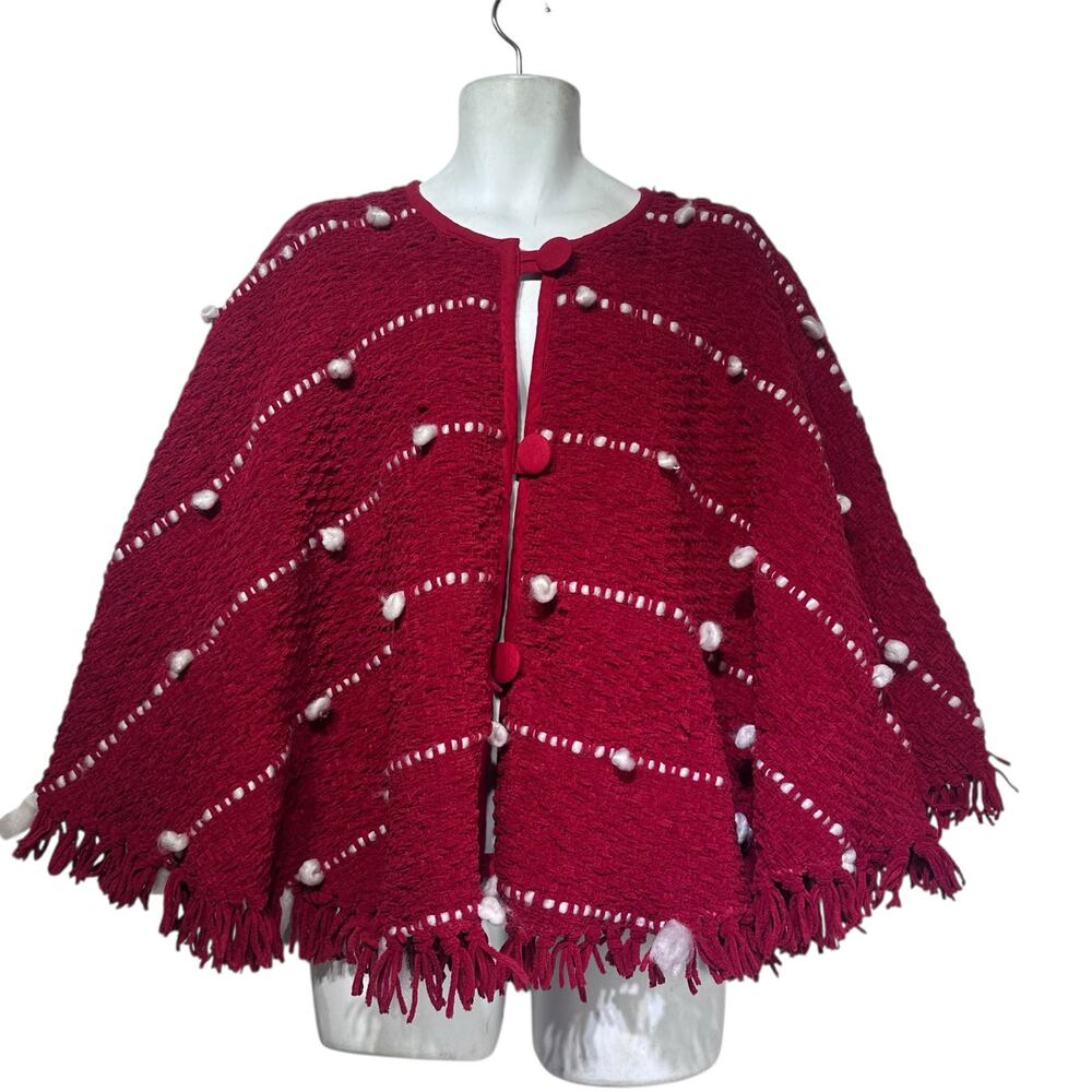 Shabby Chic Red Festive Christmas Tree Skirt Pom Pom Fringe Holiday Cottagecore
